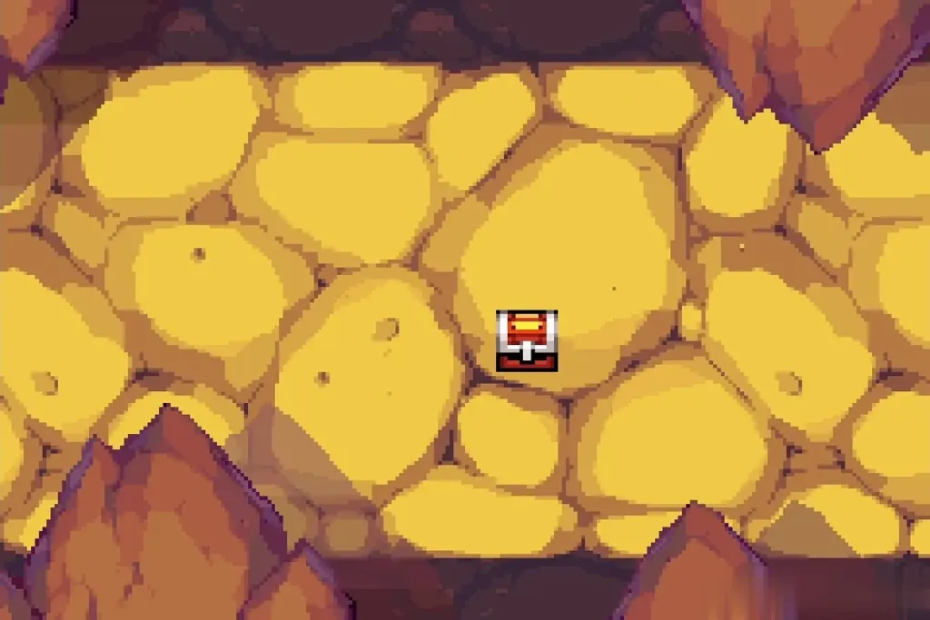 A chest appearing on the cave floor after the second fusion A chest appearing on the cave floor after the second fusion