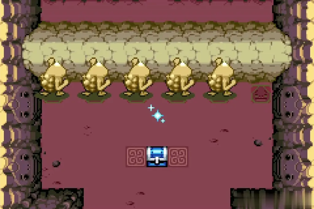 Goron Cave with a row of Gorons and a chest, sparkling after the fusion Goron Cave with a row of Gorons and a chest, sparkling after the fusion