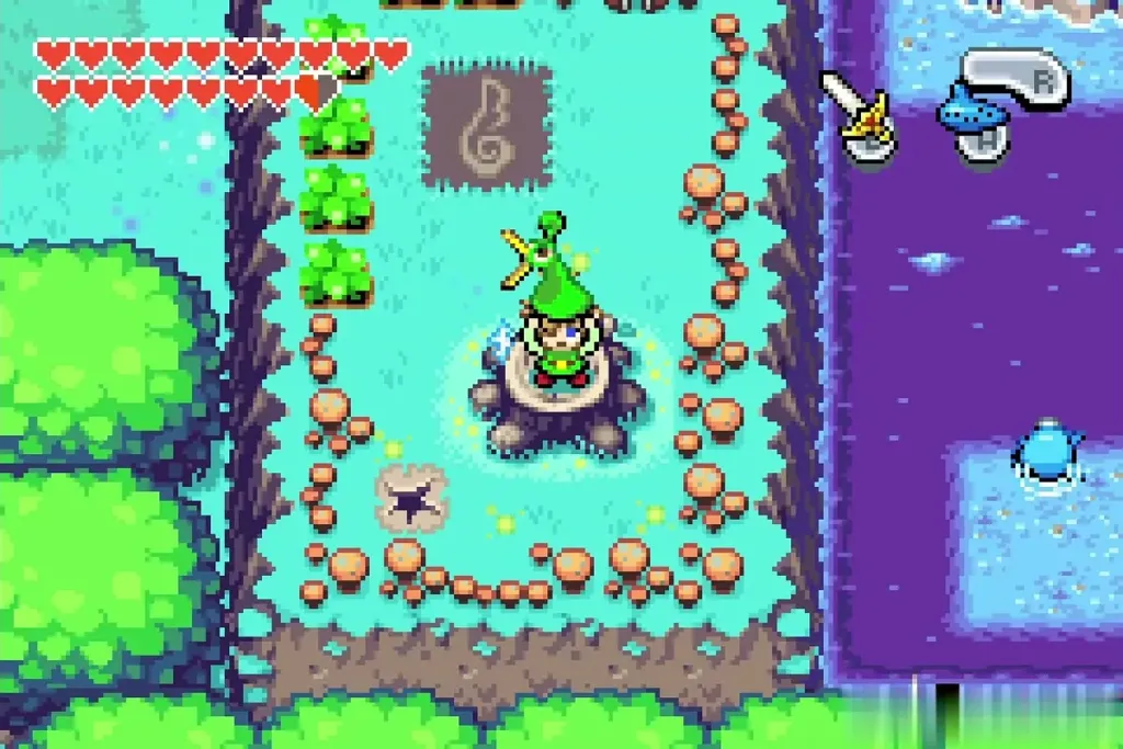 Link shrinking on the stump beside the Wind Crest at Lake Hylia Link shrinking on the stump beside the Wind Crest at Lake Hylia