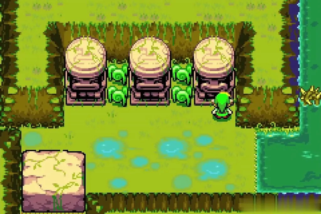 Link in front of the three Mysterious Statues in Castor Wilds Link in front of the three Mysterious Statues in Castor Wilds