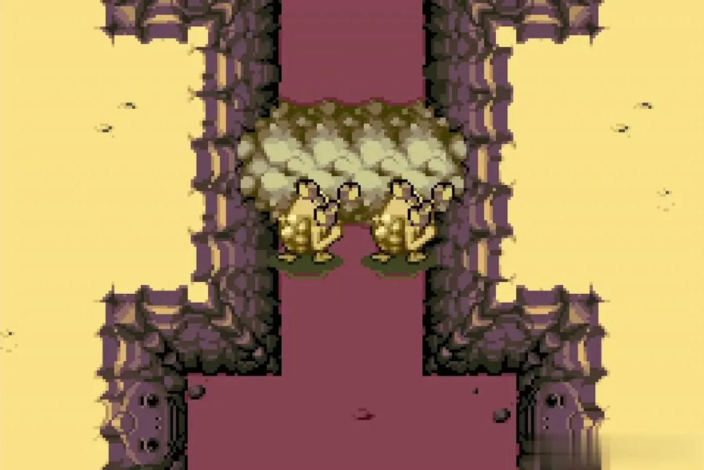 Two Gorons chipping through the rubble wall in Goron Cave