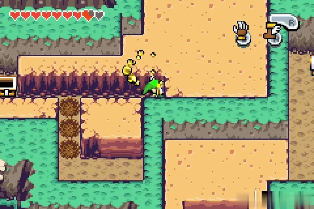 Link digging a tunnel with the Mole Mitts through the Minish Woods cliffs