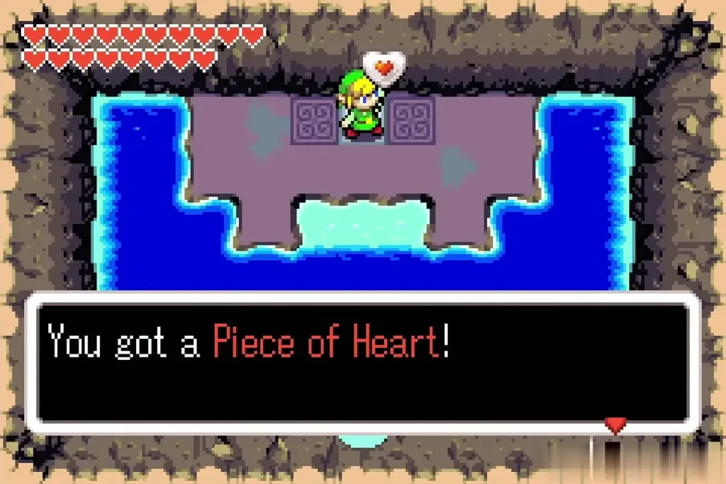 Link holding up a Piece of Heart on the platform in the Mole Mitts cave
