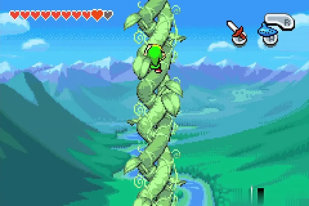 Link climbing the giant beanstalk above the valley Link climbing the giant beanstalk above the valley
