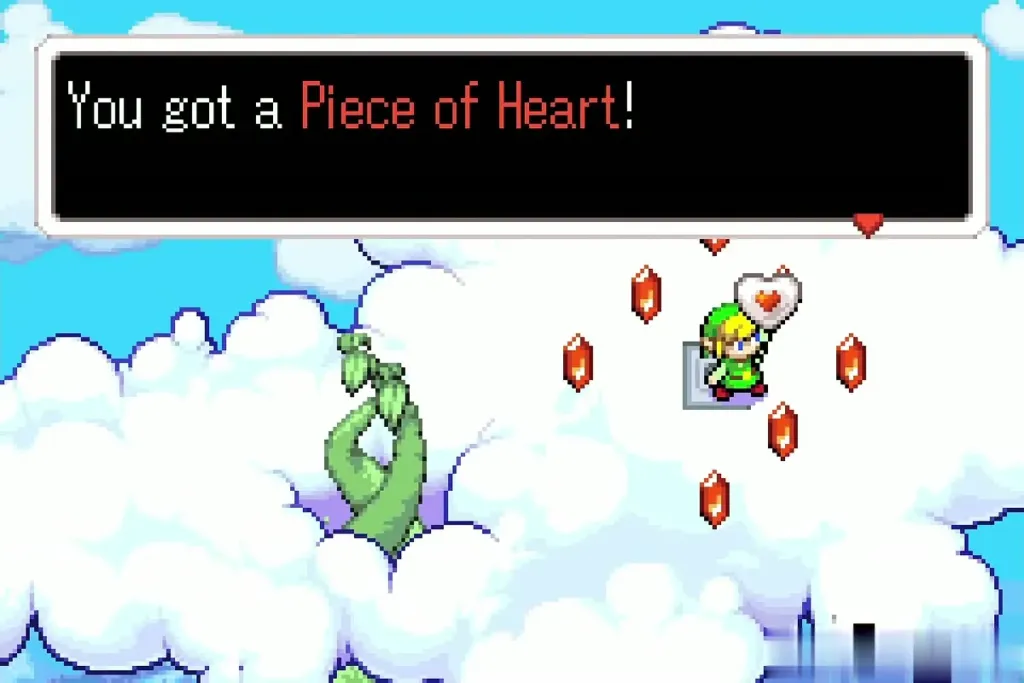 Link holding up a Piece of Heart on the cloud among red rupees Link holding up a Piece of Heart on the cloud among red rupees