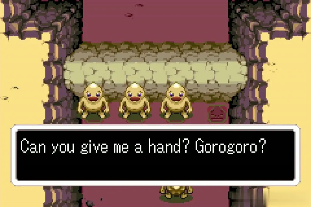 Three Gorons at a rubble wall in Goron Cave asking Link for a hand Three Gorons at a rubble wall in Goron Cave asking Link for a hand