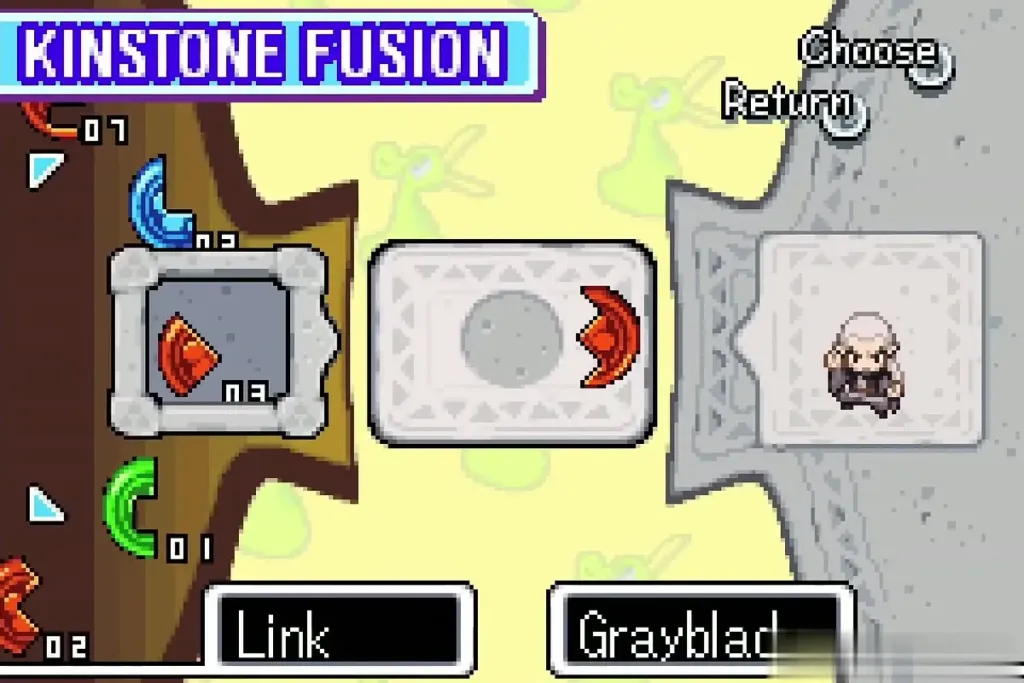 Kinstone Fusion screen with Link's red piece beside Grayblade's piece Kinstone Fusion screen with Link's red piece beside Grayblade's piece