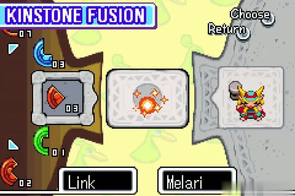 Kinstone Fusion screen with Link's red piece bursting as it joins Melari's piece Kinstone Fusion screen with Link's red piece bursting as it joins Melari's piece