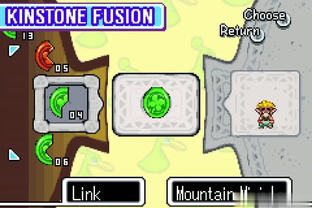Kinstone Fusion screen with Link's green piece joined to the Mountain Minish's piece Kinstone Fusion screen with Link's green piece joined to the Mountain Minish's piece