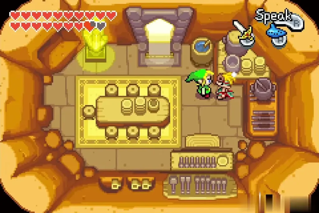 Link talking to a Mountain Minish in the mines' workshop Link talking to a Mountain Minish in the mines' workshop
