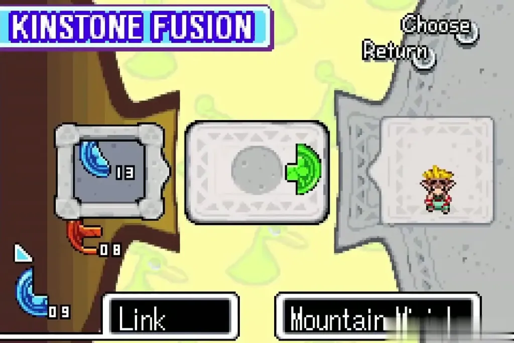 Kinstone Fusion screen with a green slant beside the Mountain Minish's half Kinstone Fusion screen with a green slant beside the Mountain Minish's half
