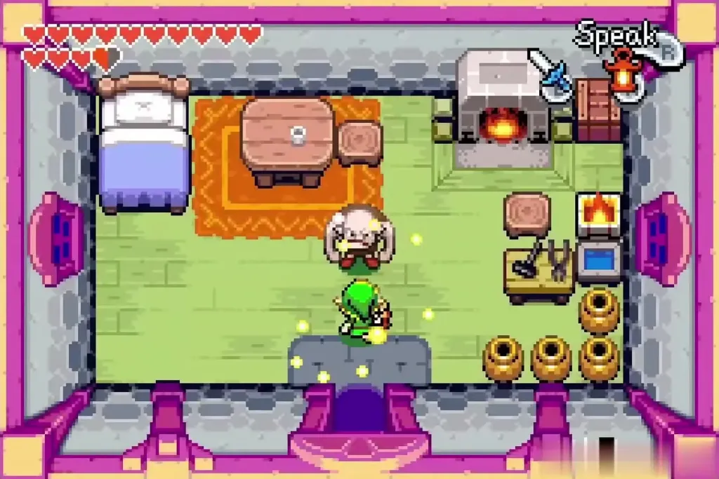 Link talking with Dampe the gravekeeper in his house Link talking with Dampe the gravekeeper in his house