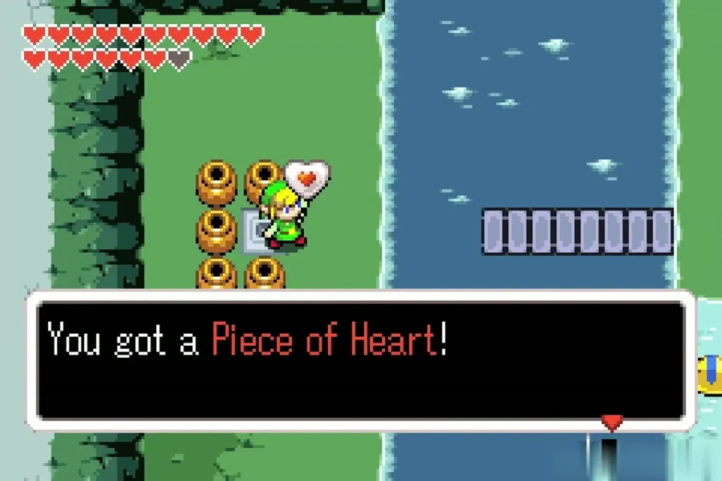 Link holding up a Piece of Heart among the pots below the garden Link holding up a Piece of Heart among the pots below the garden