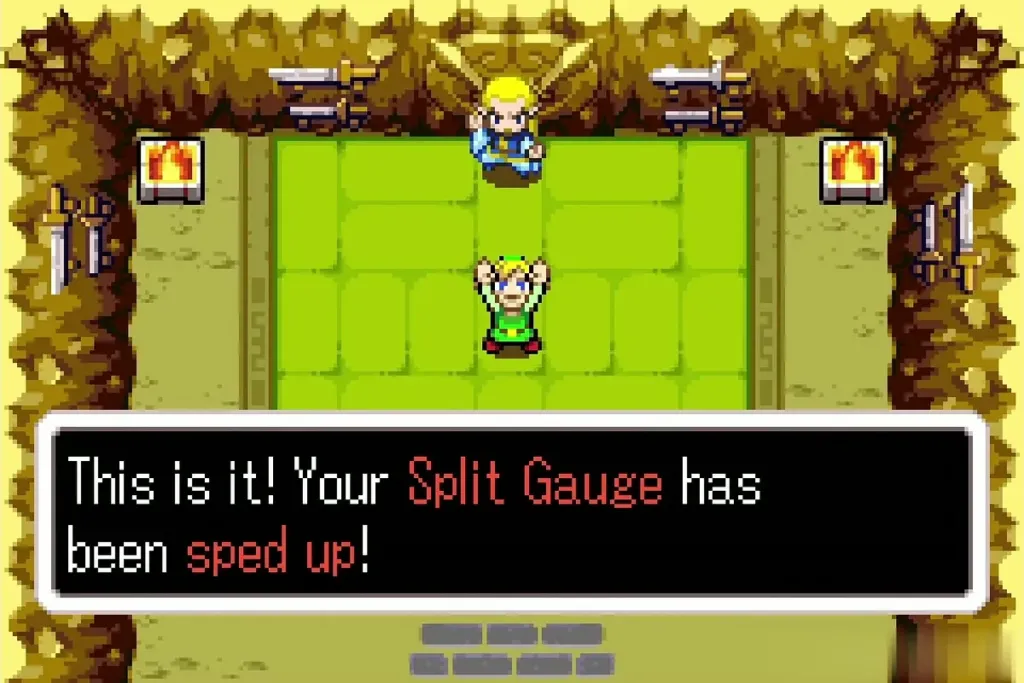 Link cheering as the dojo master says the Split Gauge was sped up Link cheering as the dojo master says the Split Gauge was sped up