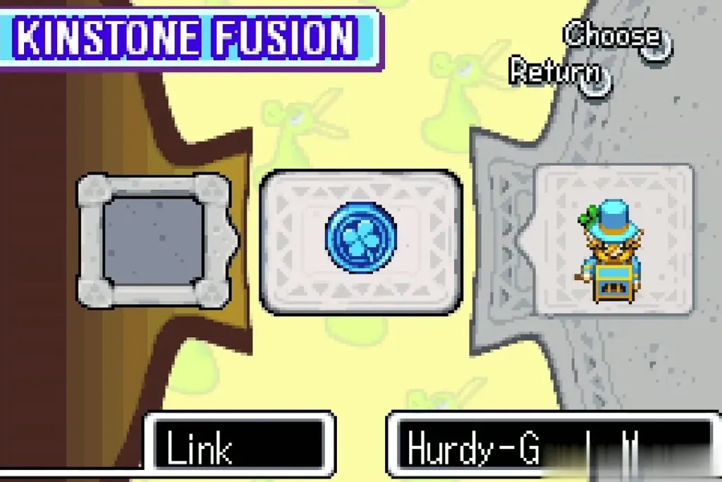 Kinstone Fusion screen with Link's blue piece and the Hurdy-Gurdy Man on the right panel Kinstone Fusion screen with Link's blue piece and the Hurdy-Gurdy Man on the right panel