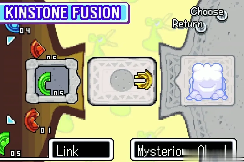 Kinstone Fusion screen with Link's green piece and a Mysterious Cloud on the right panel Kinstone Fusion screen with Link's green piece and a Mysterious Cloud on the right panel