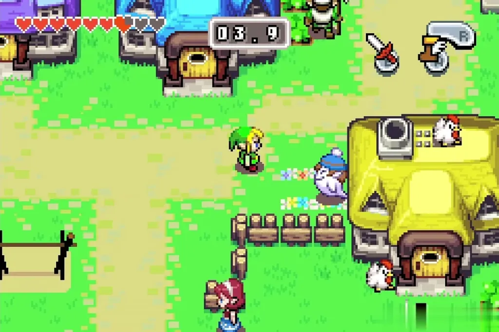 Link chasing cuccos beside the yellow house with the clock running Link chasing cuccos beside the yellow house with the clock running