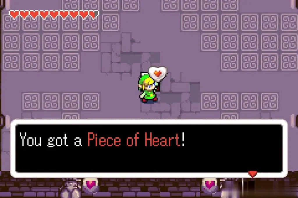 Link holding up a Piece of Heart after winning in the arena Link holding up a Piece of Heart after winning in the arena