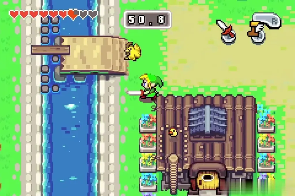 Link swimming across the river after a cucco beside the thatched house Link swimming across the river after a cucco beside the thatched house
