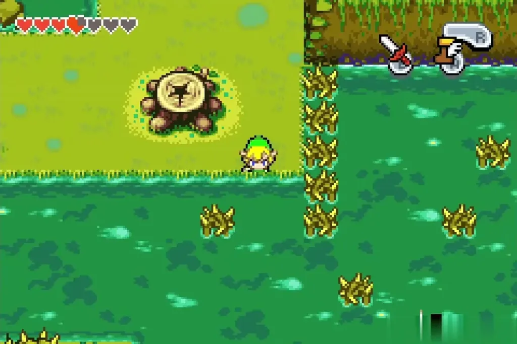 Link back at normal size beside a glowing stump portal Link back at normal size beside a glowing stump portal