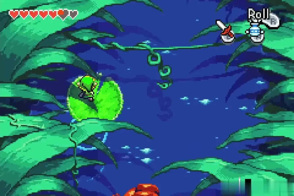 Link at Minish size crossing the swamp on a giant lily pad Link at Minish size crossing the swamp on a giant lily pad