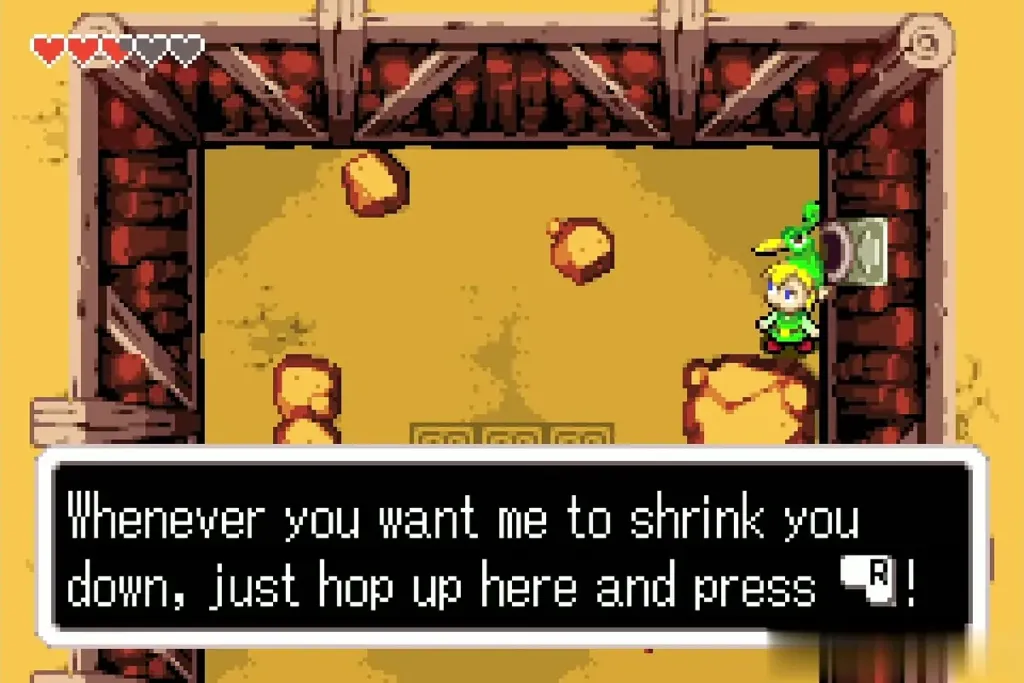 Link beside the glowing Minish portal in the Cave of Flames Link beside the glowing Minish portal in the Cave of Flames