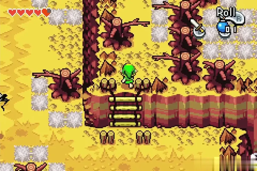 Link crossing the dusty plateau of old stumps toward the second rock portal Link crossing the dusty plateau of old stumps toward the second rock portal