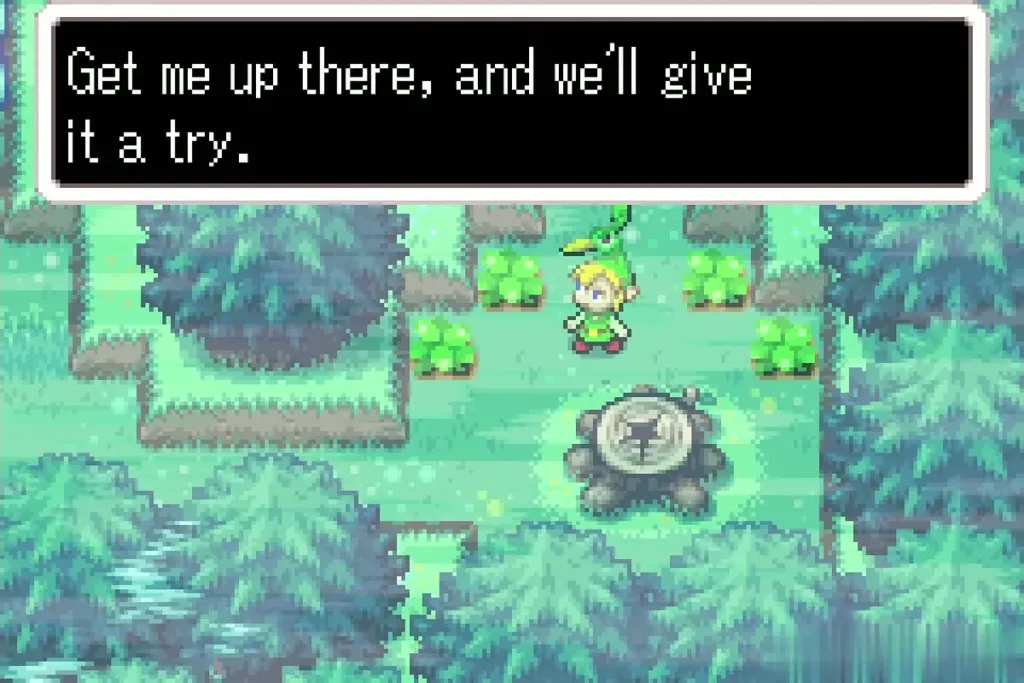 Ezlo asks Link to lift him onto the glowing tree stump in the Minish Woods