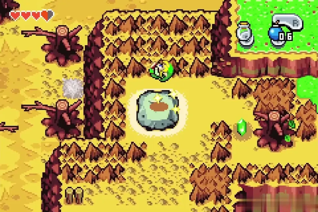 Link stands beside the glowing rock portal stone at the base of Mount Crenel Link stands beside the glowing rock portal stone at the base of Mount Crenel