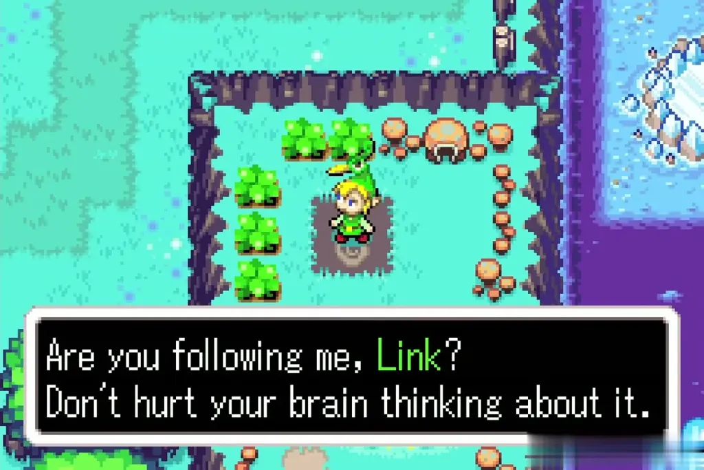 A Forest Minish talking to Link inside the little house at Lake Hylia A Forest Minish talking to Link inside the little house at Lake Hylia