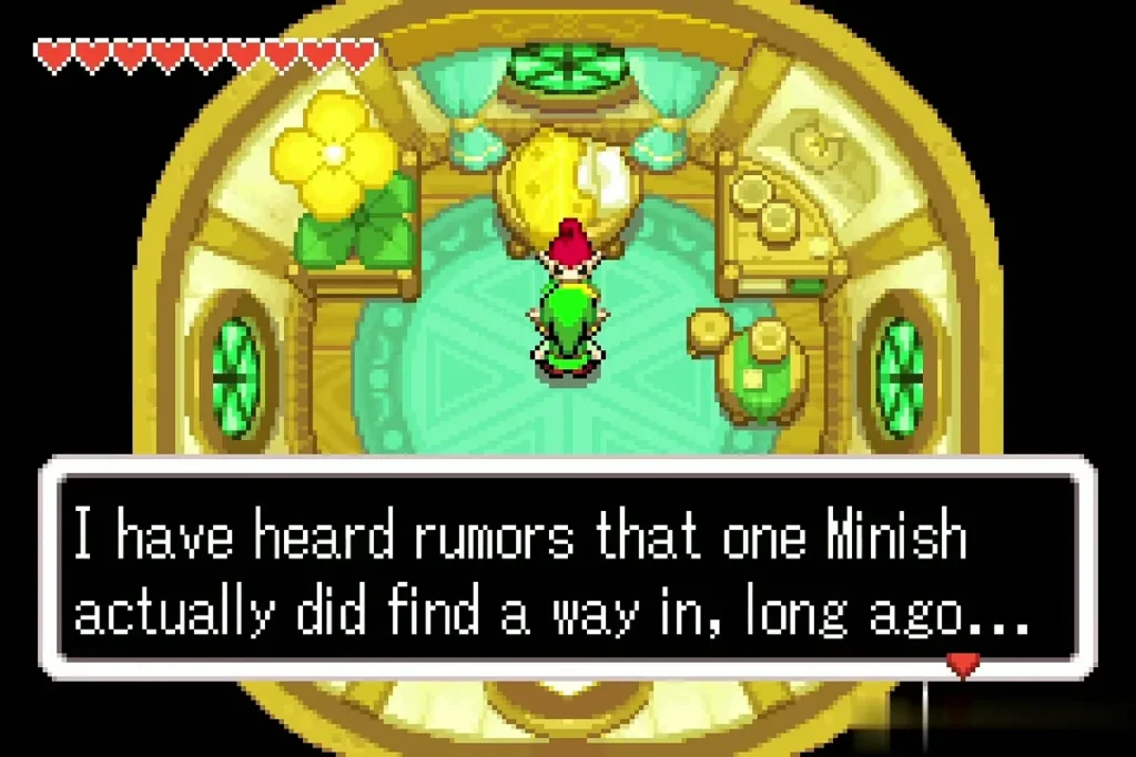 Link talking to a Forest Minish inside the little house at Lake Hylia Link talking to a Forest Minish inside the little house at Lake Hylia