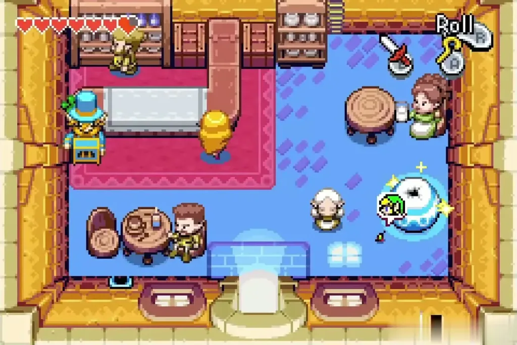 Link beside the glowing blue portal pot on the floor of Mama's Cafe Link beside the glowing blue portal pot on the floor of Mama's Cafe