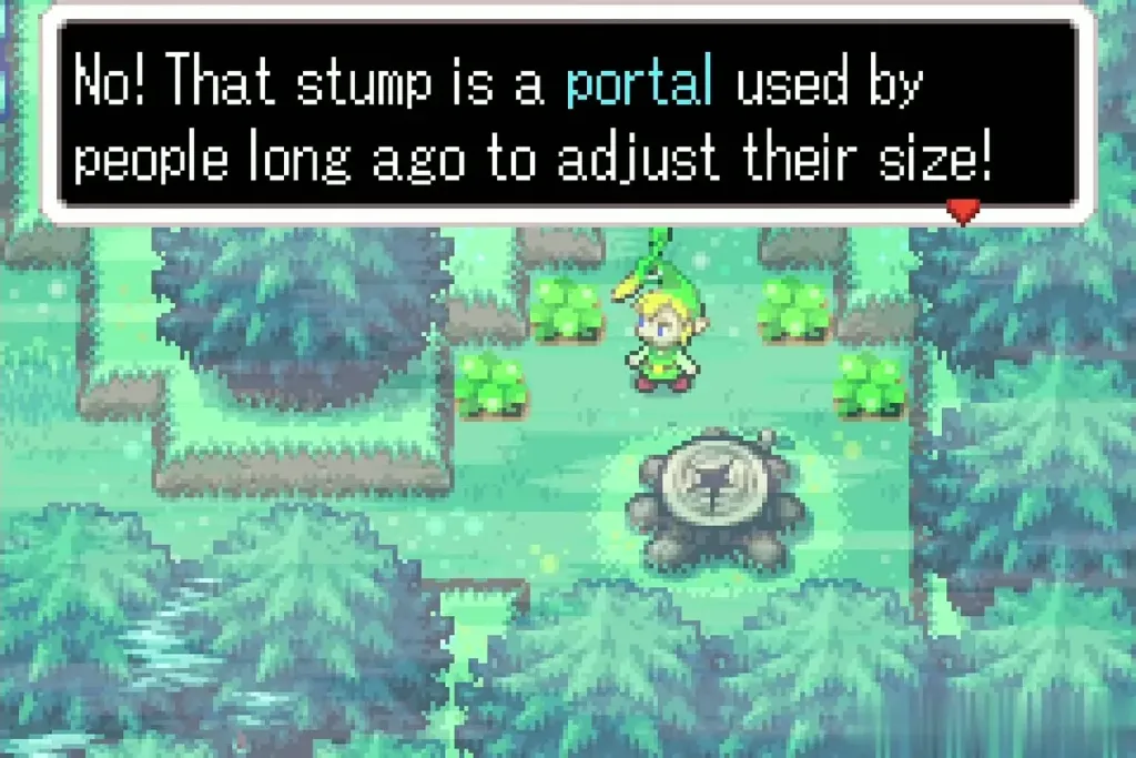 Ezlo explains that the tree stump is a portal used to adjust size Ezlo explains that the tree stump is a portal used to adjust size