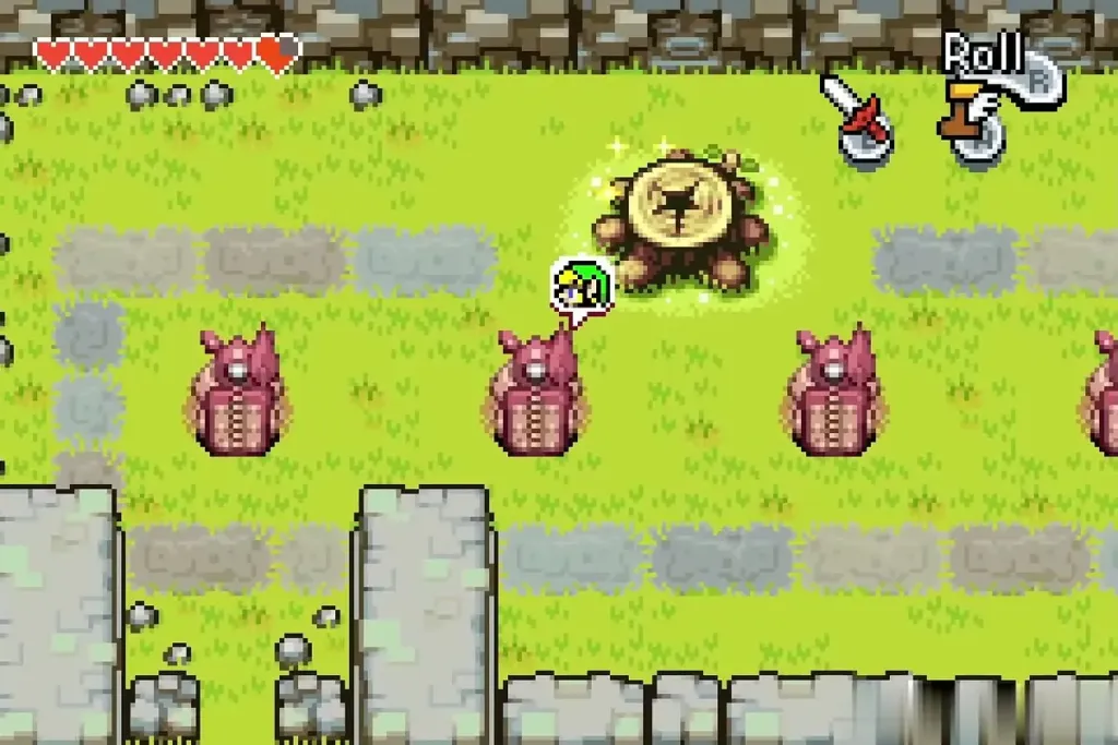 Link beside the glowing stump above the row of Armos statues Link beside the glowing stump above the row of Armos statues