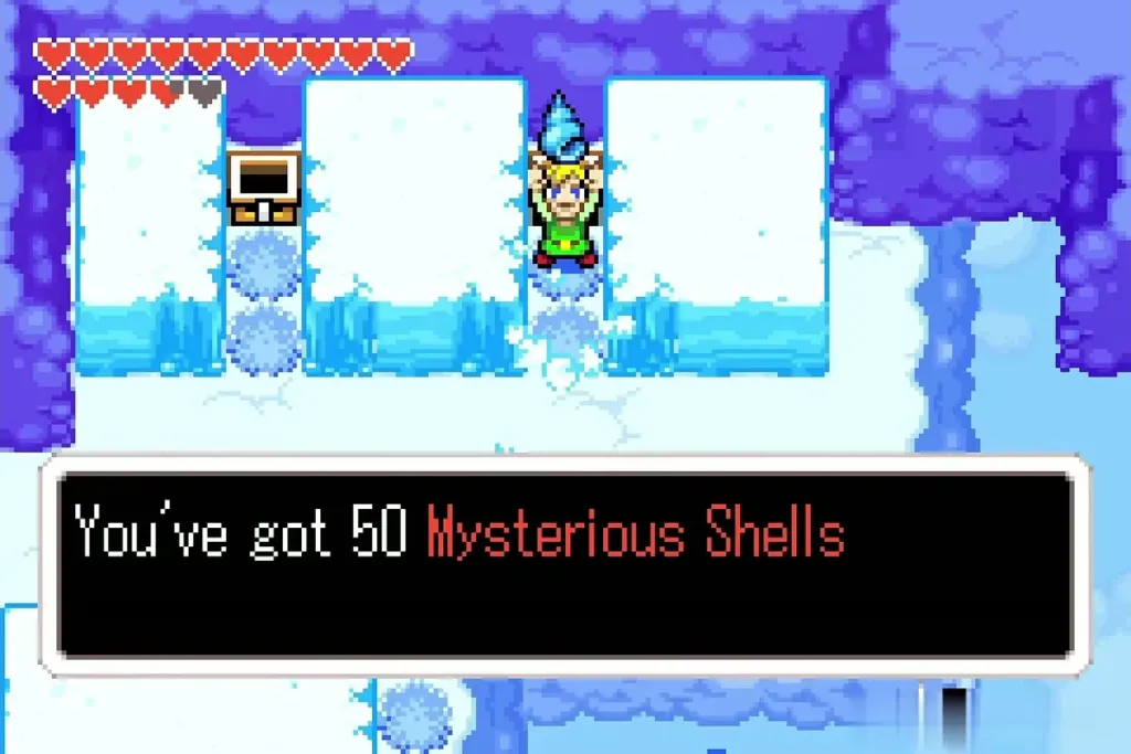 Link holding up 50 Mysterious Shells from a Cloud Tops chest Link holding up 50 Mysterious Shells from a Cloud Tops chest