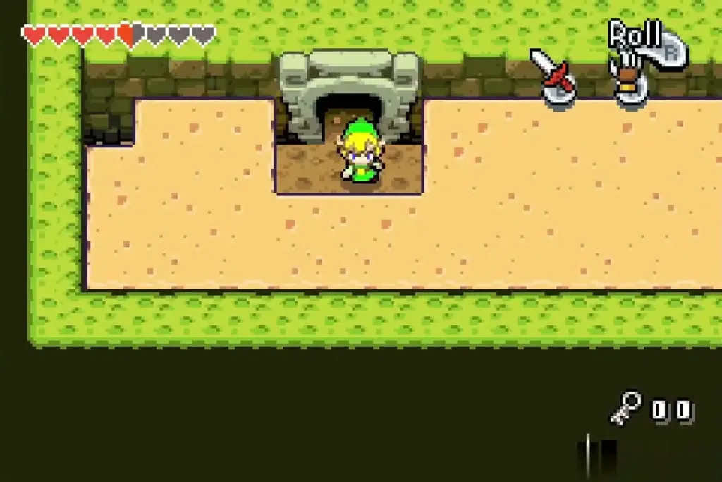Link stepping out of a stone doorway onto a sandy ledge in the Fortress of Winds Link stepping out of a stone doorway onto a sandy ledge in the Fortress of Winds