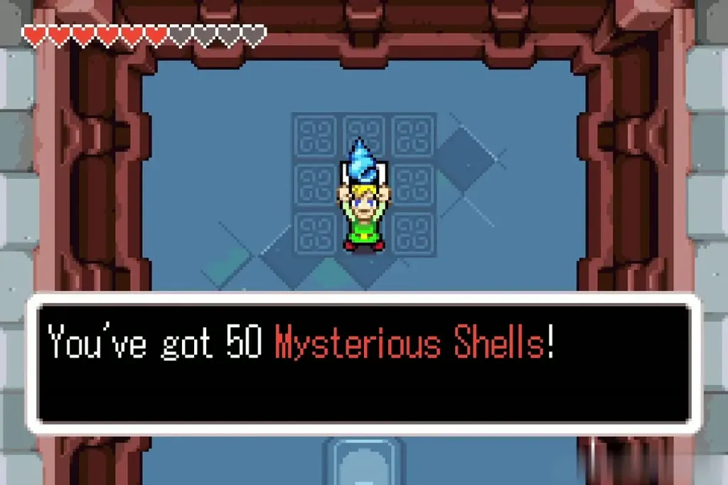 Link holding up 50 Mysterious Shells in the blue room under Hyrule Castle Garden Link holding up 50 Mysterious Shells in the blue room under Hyrule Castle Garden