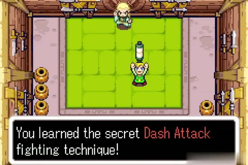 Link holding up the Dash Attack Tiger Scroll with the full message Link holding up the Dash Attack Tiger Scroll with the full message