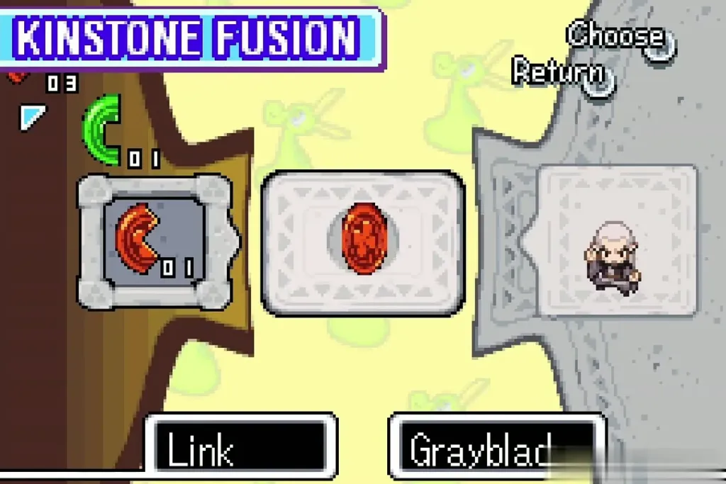 Kinstone Fusion screen with Link's red half joined to Grayblade's half Kinstone Fusion screen with Link's red half joined to Grayblade's half
