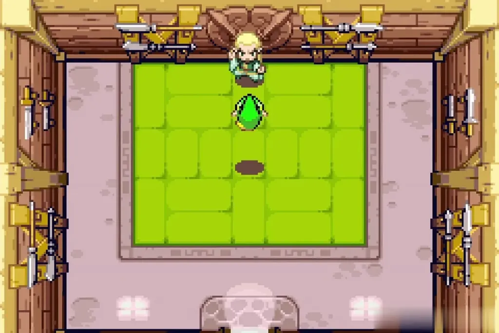 Link in mid-jump above his shadow on the dojo floor Link in mid-jump above his shadow on the dojo floor