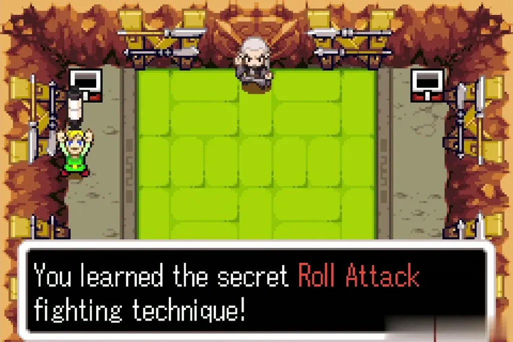 Link holding up the Roll Attack Tiger Scroll with the full message Link holding up the Roll Attack Tiger Scroll with the full message