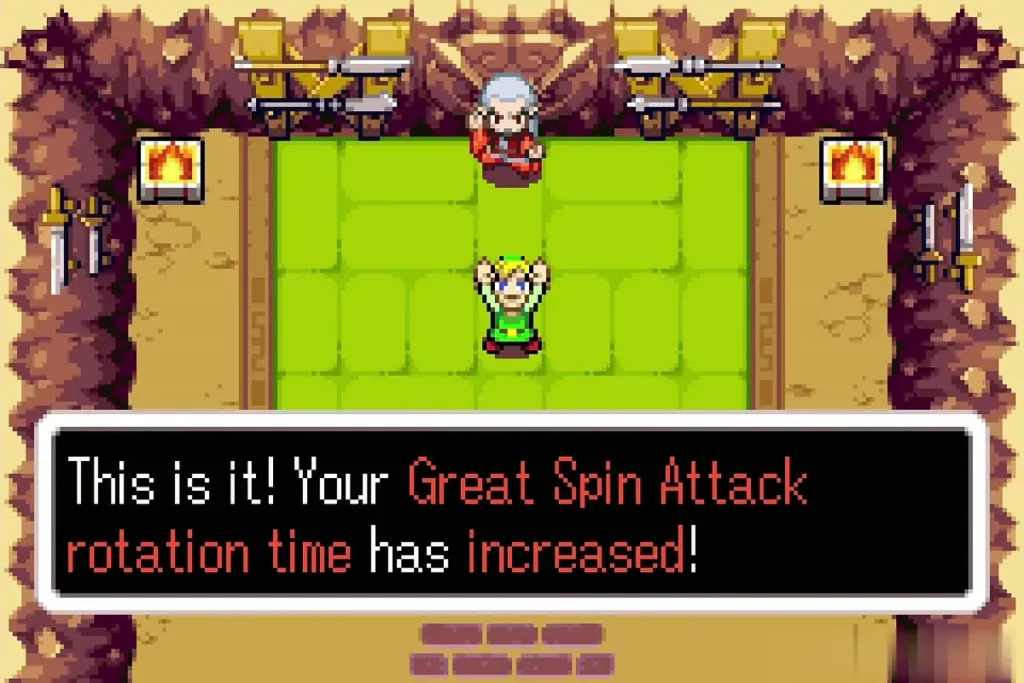 Link holding up the scroll as the message says Great Spin Attack rotation time increased Link holding up the scroll as the message says Great Spin Attack rotation time increased