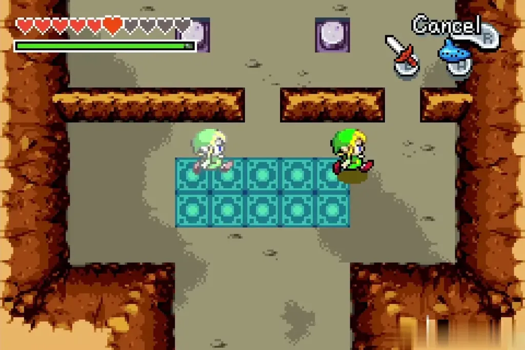 Two Links standing on the blue switch blocks in the puzzle room Two Links standing on the blue switch blocks in the puzzle room