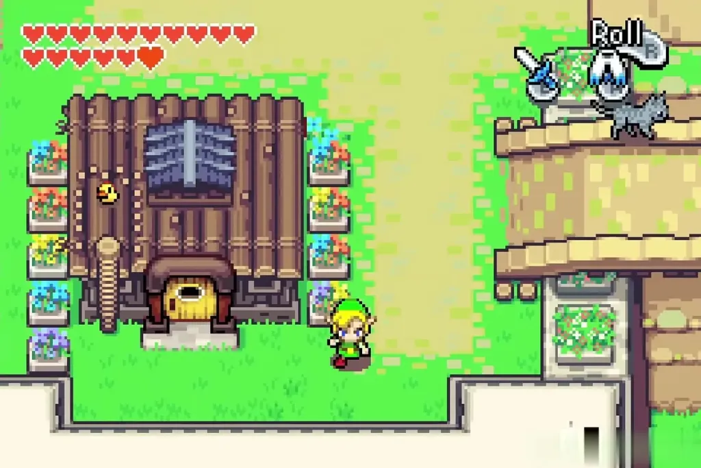 Link outside Swiftblade's log cabin dojo in Hyrule Town Link outside Swiftblade's log cabin dojo in Hyrule Town