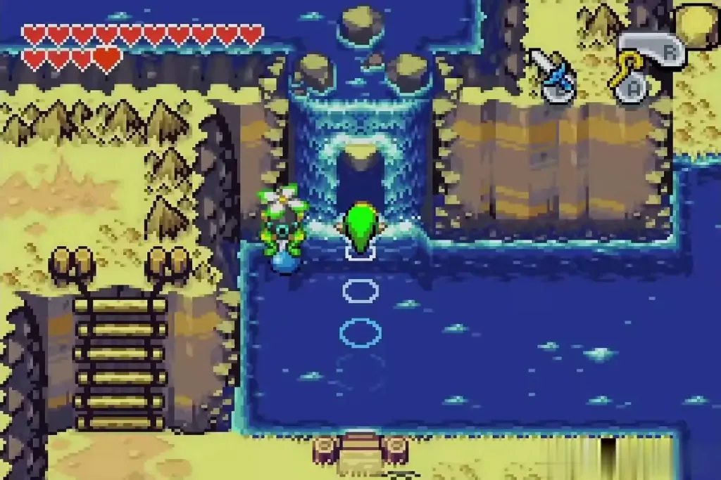 Link swimming up to the waterfall dojo entrance at Veil Falls Link swimming up to the waterfall dojo entrance at Veil Falls