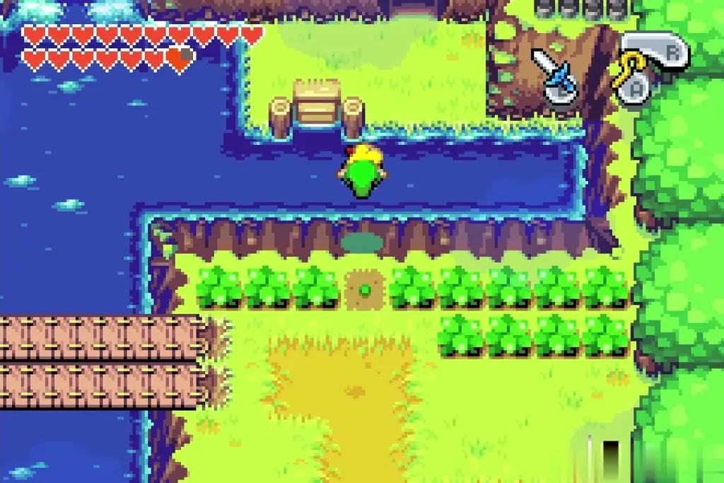 Link swimming along the water toward the waterfall in North Hyrule Field Link swimming along the water toward the waterfall in North Hyrule Field