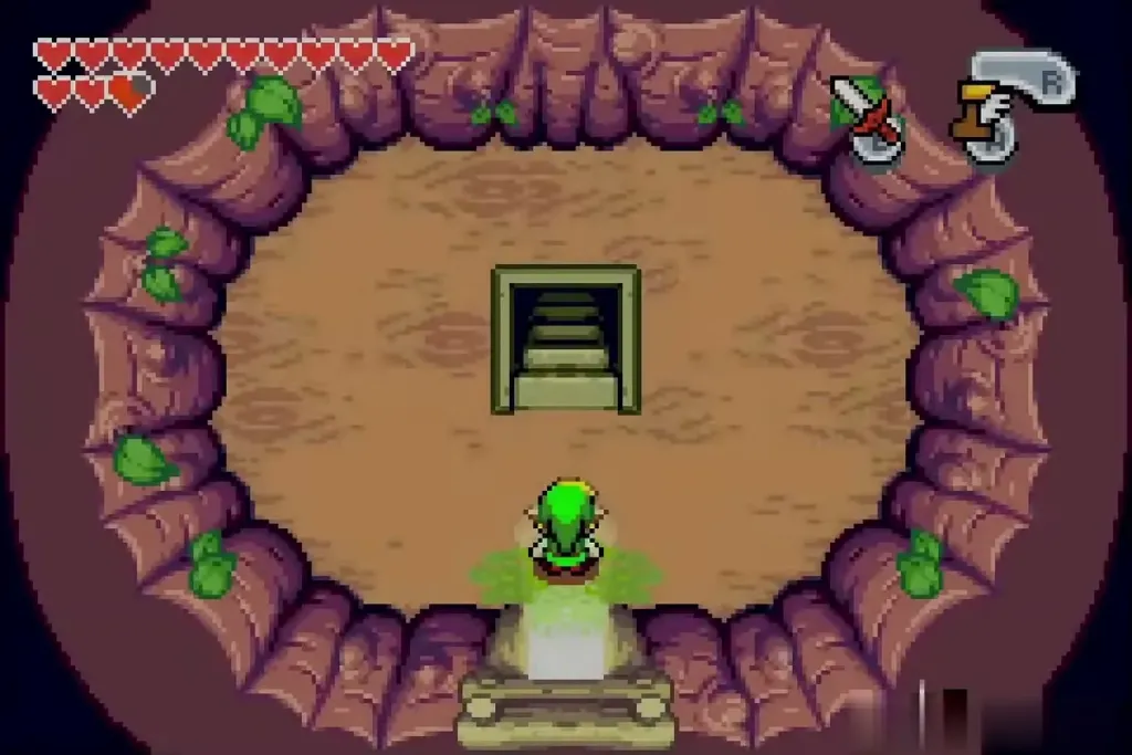 Link standing inside the hollow tree before the stairs down to the dojo Link standing inside the hollow tree before the stairs down to the dojo