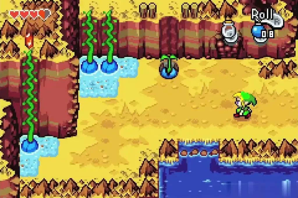 Link walking through the Mt. Crenel Base foothills toward the pond, with the grown vines and rubble wall on the cliff behind Link walking through the Mt. Crenel Base foothills toward the pond, with the grown vines and rubble wall on the cliff behind