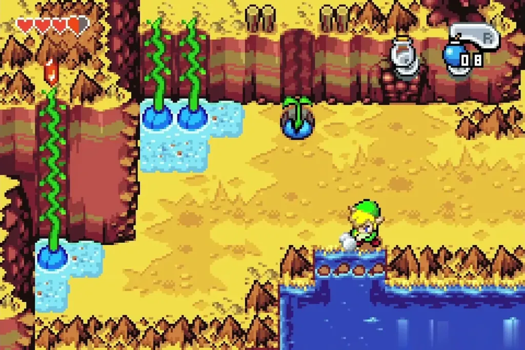 Link at the water's edge below the cliff vines Link at the water's edge below the cliff vines