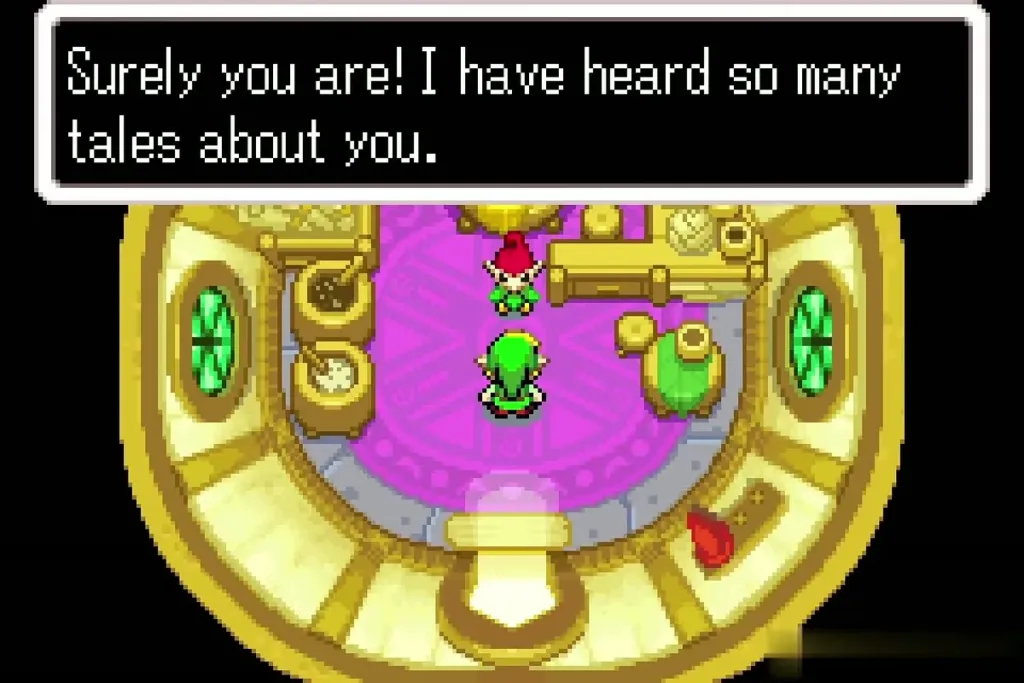 Belari the Minish inventor greeting Link inside his round workshop Belari the Minish inventor greeting Link inside his round workshop
